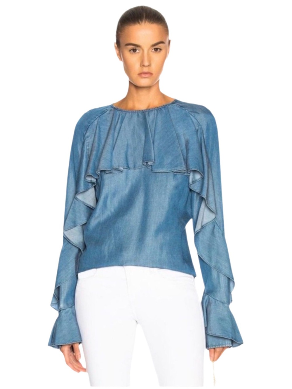 Veronica Beard Mia Denim Ruffle Blouse Size Small